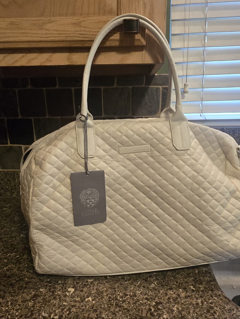 Vince Camuto Cream Quilted Leather Travel Tote